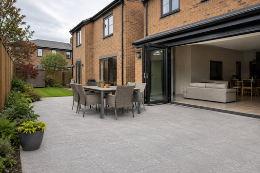 Belgio Perla 60.5x60.5x2 outdoor porcelain tiles installed on a UK garden patio