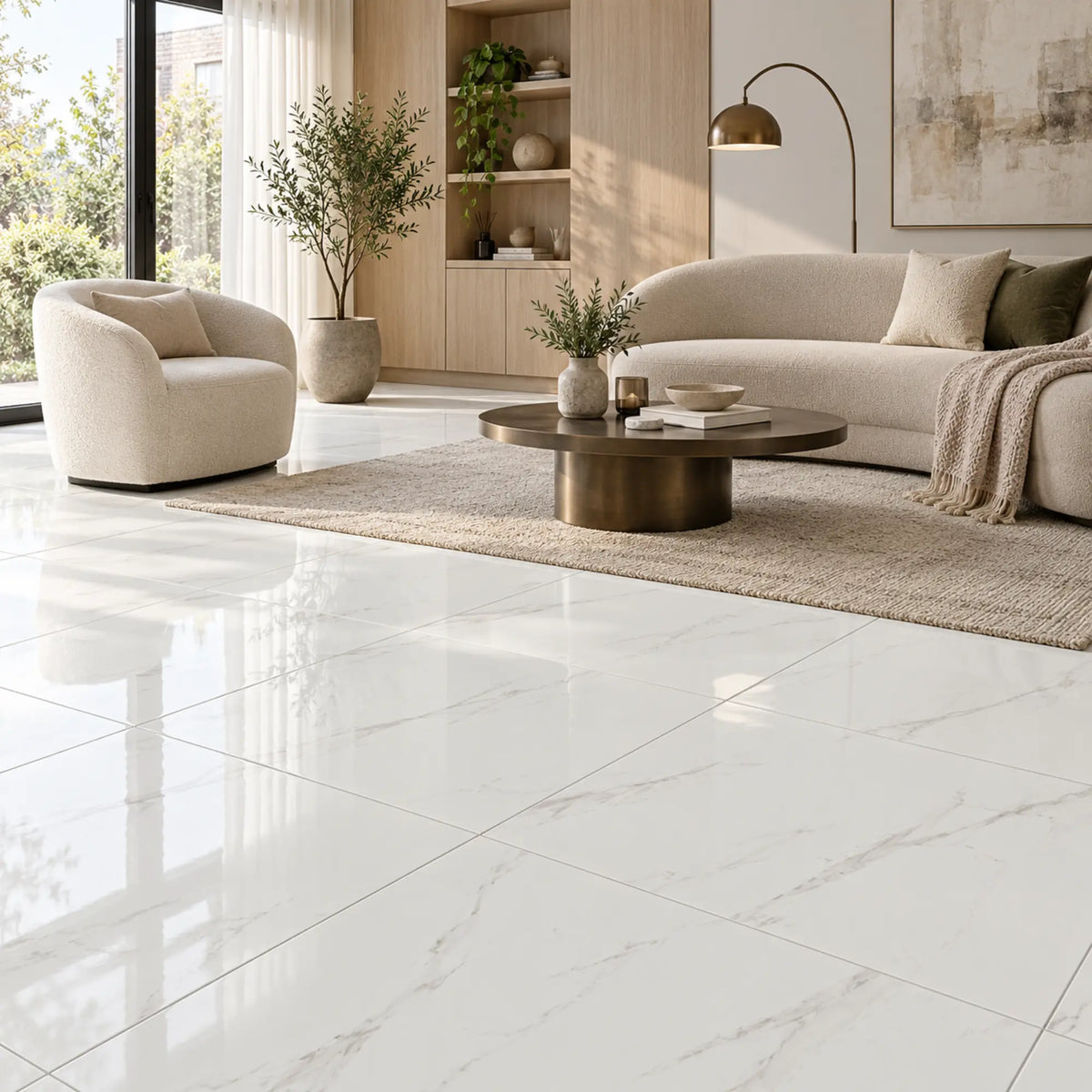 Bliss White Polished 80x80 tiles in a modern living room