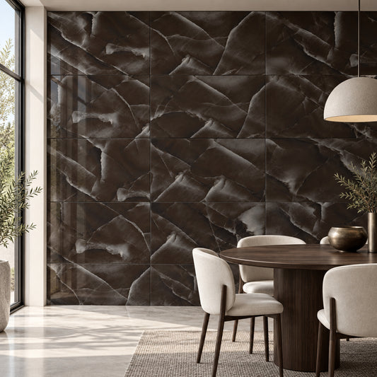 Buchy Onyx Charcoal 60x120 tiles on a dining room feature wall