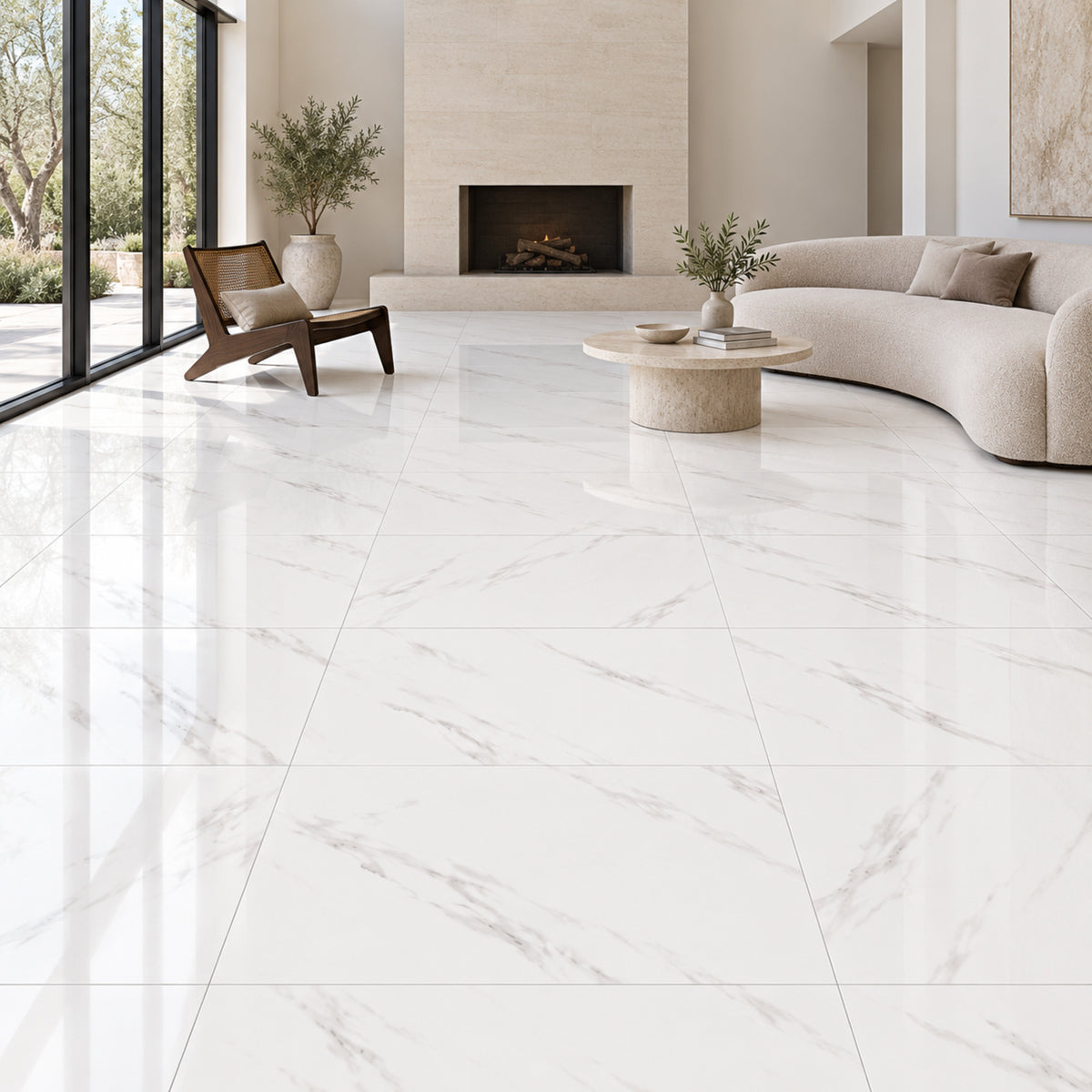 Classic Carrara Polished 60x120 floor tiles in a contemporary living room