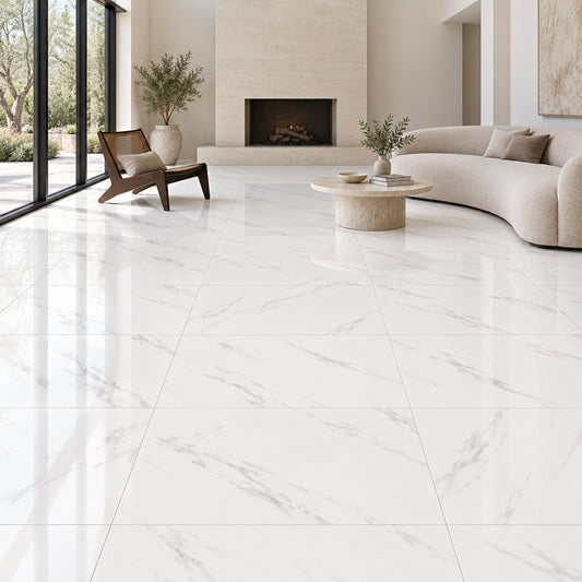 Classic Carrara Polished 60x120 floor tiles in a contemporary living room