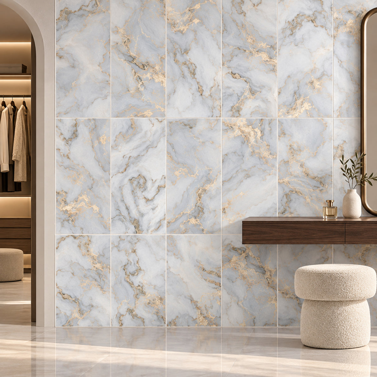 Exotica Gold Polished 60x120 tiles on a luxury dressing room feature wall
