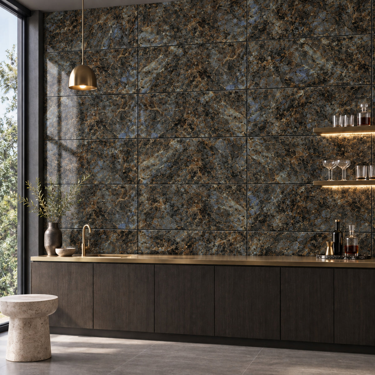 Forest Green Gold 2010 60x120 tiles laid horizontally on a contemporary home bar wall