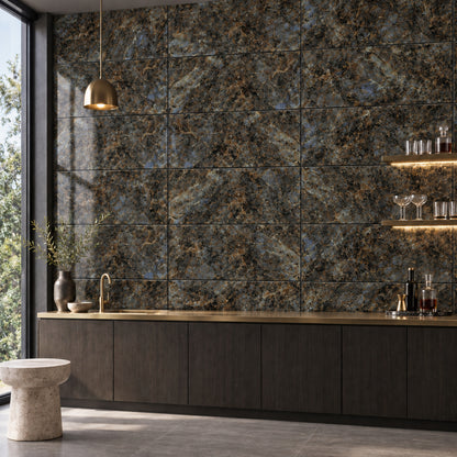 Forest Green Gold 2010 60x120 tiles laid horizontally on a contemporary home bar wall