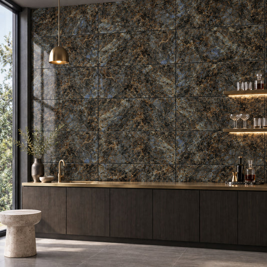 Forest Green Gold 2010 60x120 tiles laid horizontally on a contemporary home bar wall