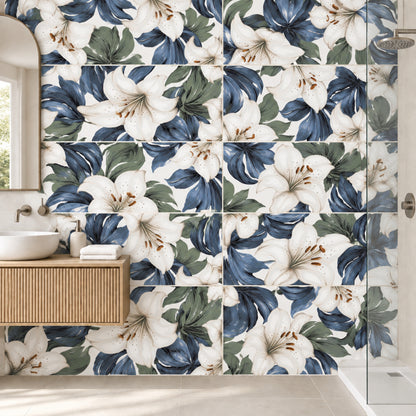 Golden Carving HL1013 60x120 floral tiles laid horizontally in a bright bathroom
