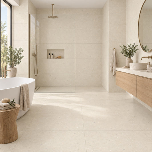 Heliostone Latte Matt 60x120 bathroom roomset