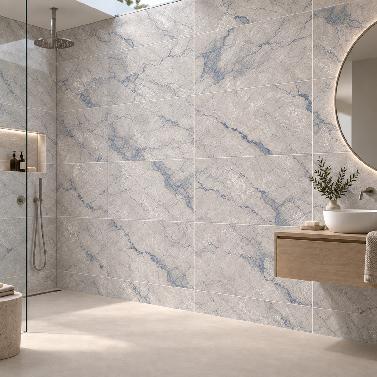 Nordic Blue Polished 60x120 tiles with random faces in a walk-in shower bathroom