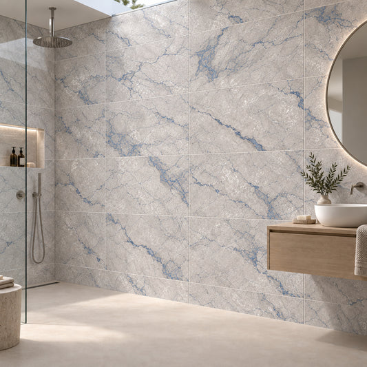 Nordic Blue Polished 60x120 tiles with random faces in a walk-in shower bathroom