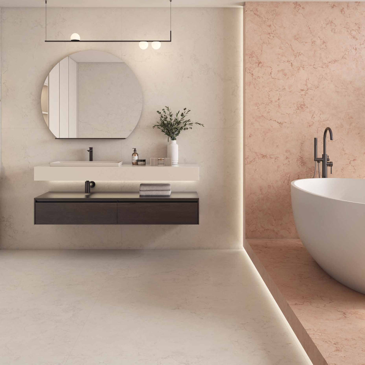 Original Pamesa Perlino catalogue bathroom featuring Perlino Rosa and Perlino Bianco
