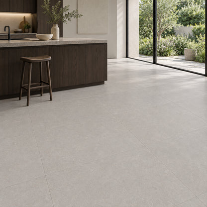 Qstone Grey 60x120 matt floor tiles in a contemporary kitchen overlooking a garden