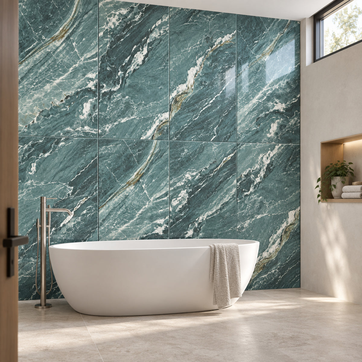 Reflect Crocodile Polished 60x120 tiles on a bathroom feature wall