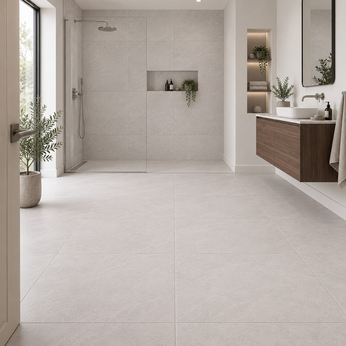 Newker Lava Cinder 60x60 tiles in a contemporary walk-in shower bathroom