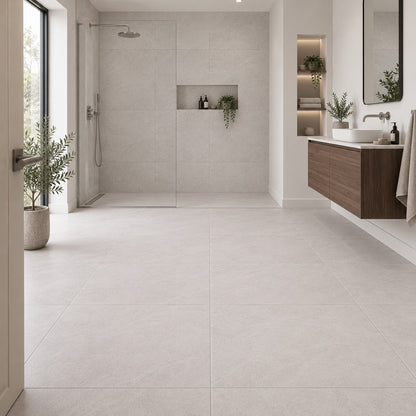 Newker Lava Cinder 60x60 tiles in a contemporary walk-in shower bathroom