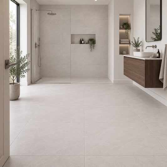 Newker Lava Cinder 60x60 tiles in a contemporary walk-in shower bathroom