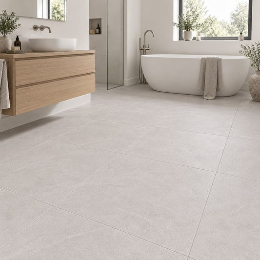 Newker Lava Cinder 60x60 tiles in a contemporary bathroom
