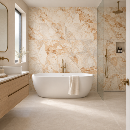 Sahara Brown 60x120 feature wall in a bathroom with neutral ivory tiles