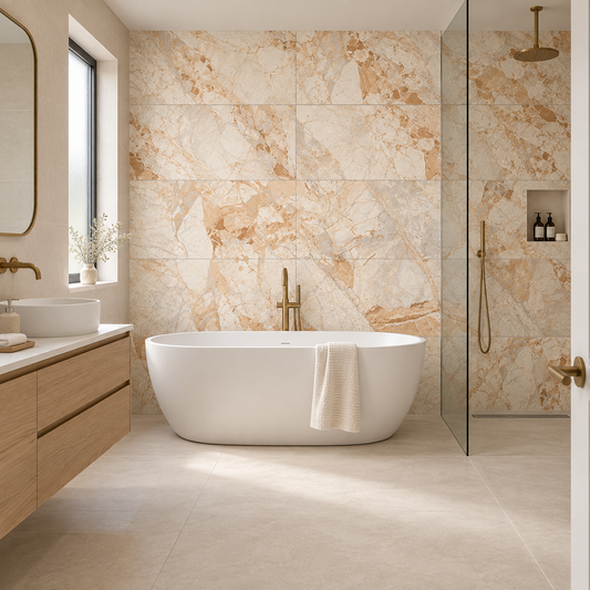 Sahara Brown 60x120 feature wall in a bathroom with neutral ivory tiles