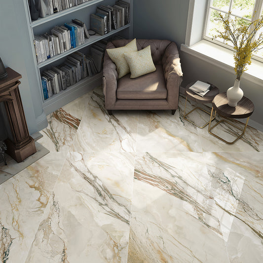 Quartz Marmi Polished 60x120 tiles in a furnished room — supplier roomset