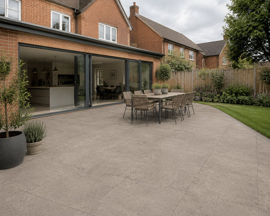 Vita Moka 60.5x60.5x2 outdoor porcelain tiles installed on a UK garden patio