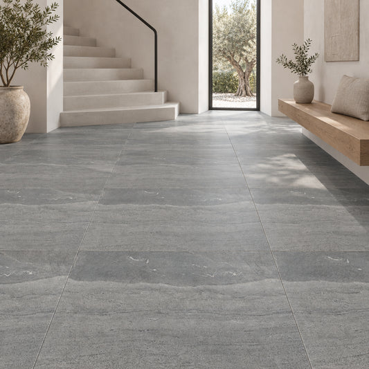 Whitehall Gris Matt 60x120 floor tiles in a contemporary entrance hall