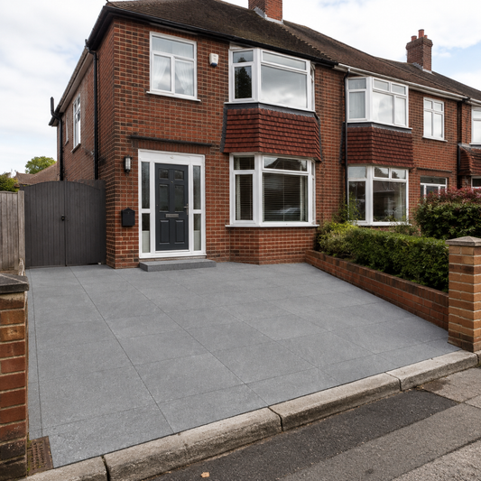 Burlingstone Gris 60x60 outdoor porcelain tiles on a UK semi-detached house driveway