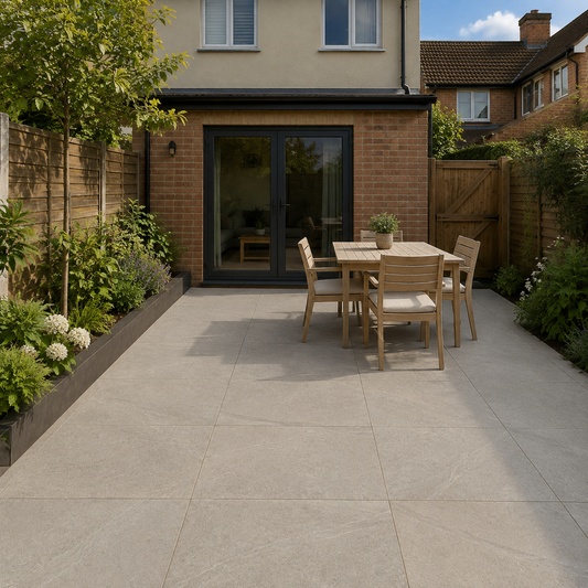 Burlingstone Perla 60x60 outdoor porcelain tiles in a compact UK back garden