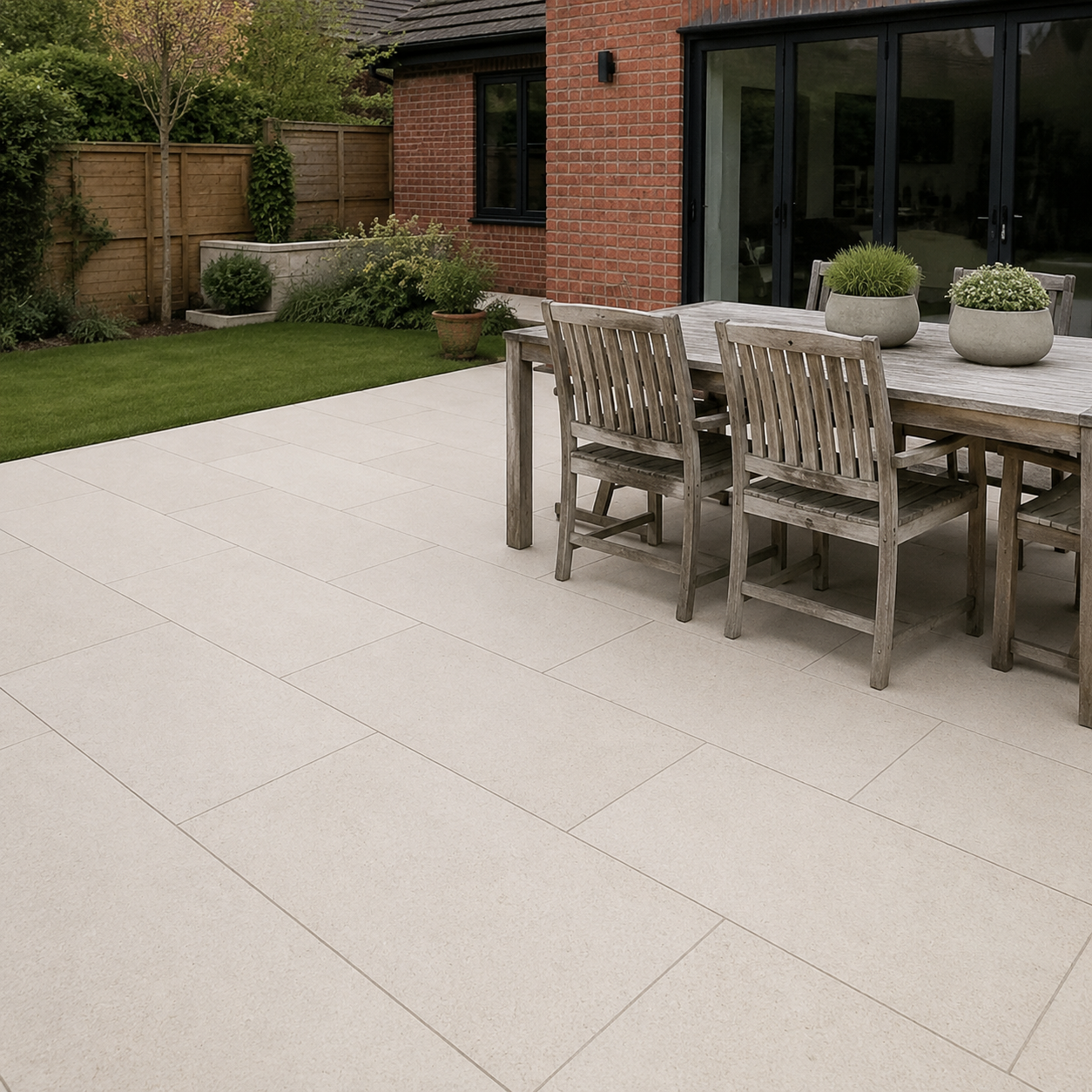 Fresca White 60x90 outdoor porcelain tiles laid beside a UK brick house