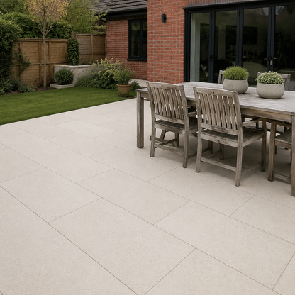Fresca White 60x90 outdoor porcelain tiles laid beside a UK brick house