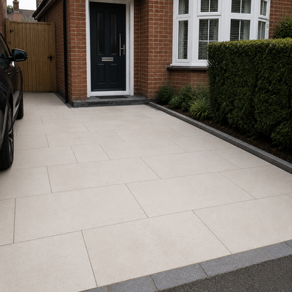 Fresca White 60x90 outdoor porcelain tiles laid on a UK front driveway