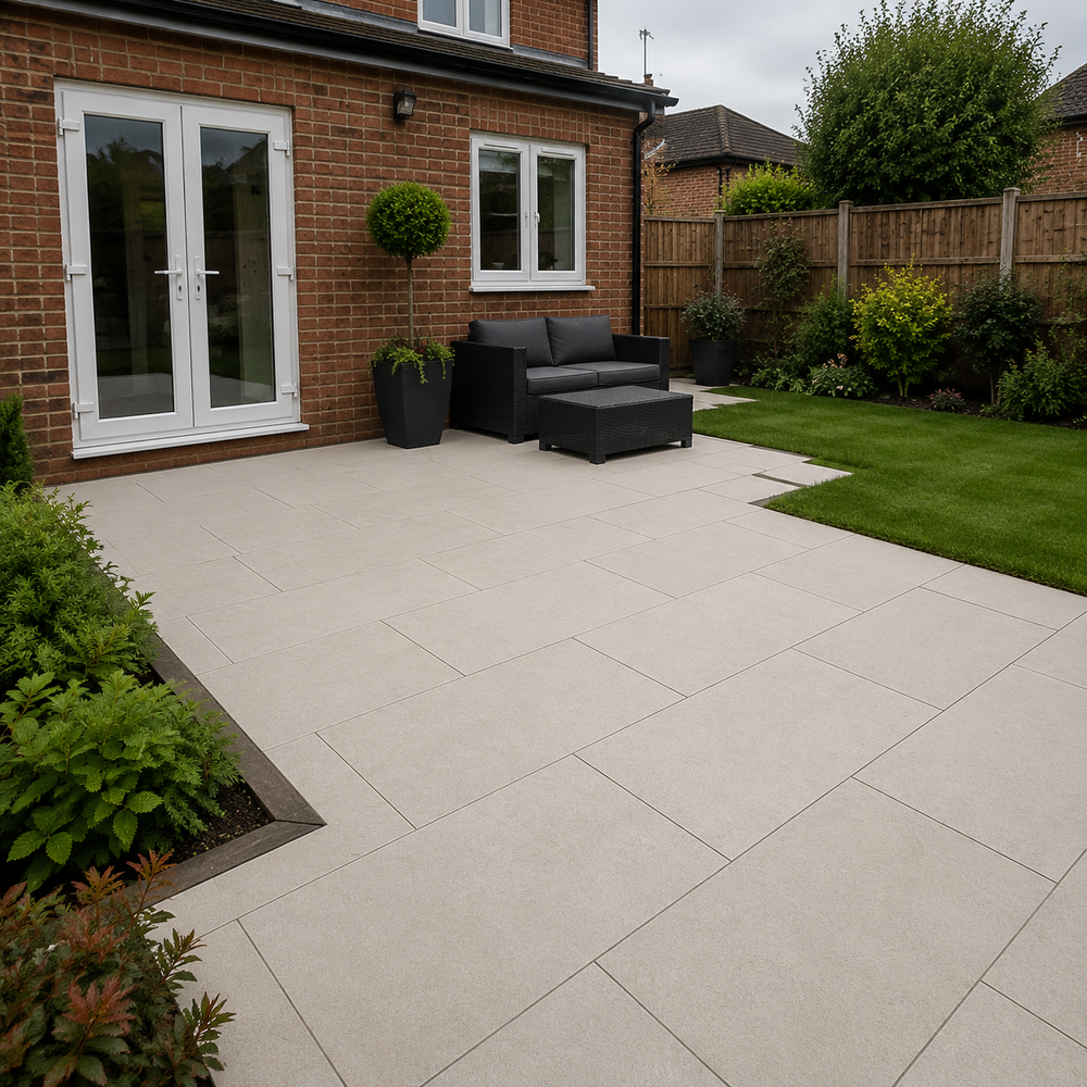 Fresca White 60x90 outdoor porcelain tiles laid in a UK rear garden patio