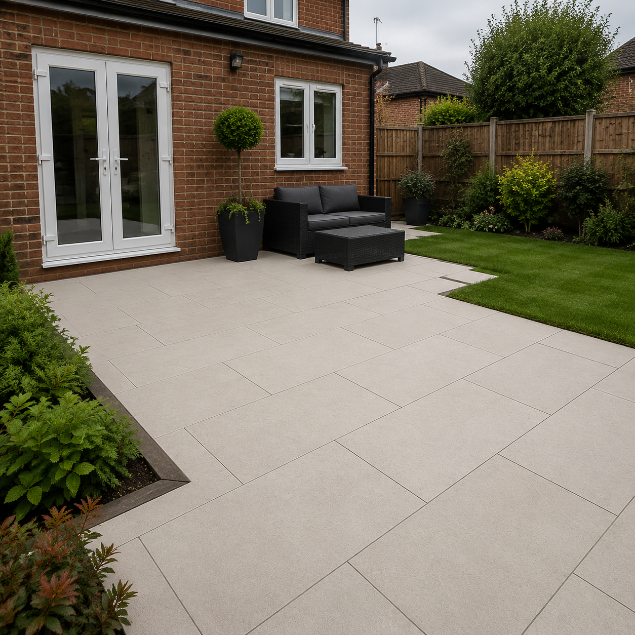 Fresca White 60x90 outdoor porcelain tiles laid in a UK rear garden patio