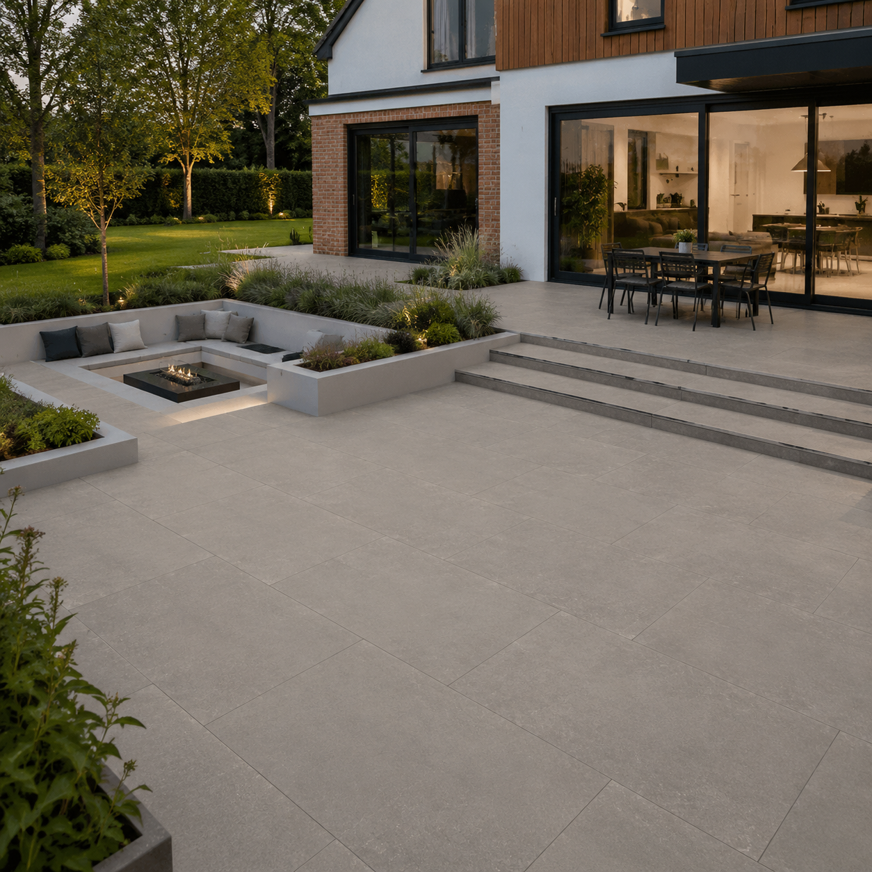 Hazel Perla 60x90 outdoor porcelain tiles on a contemporary UK detached-house terrace