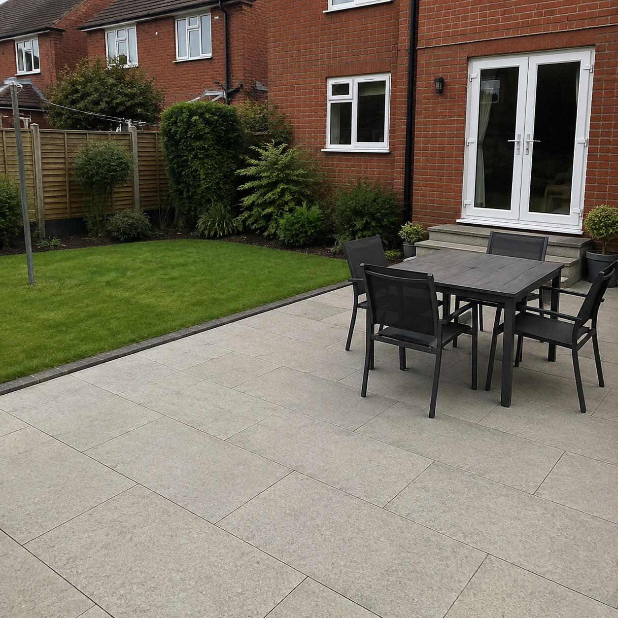 Imperial Concrete 60x90 outdoor porcelain tiles in a UK semi-detached back garden