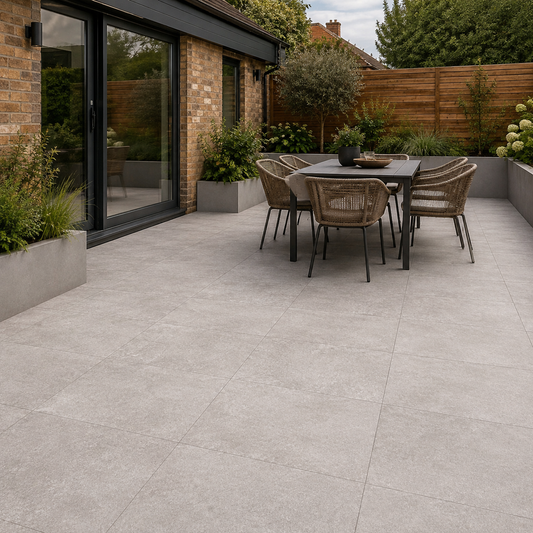 Koncept Taupe 60x60 outdoor porcelain tiles installed on a modern UK garden patio