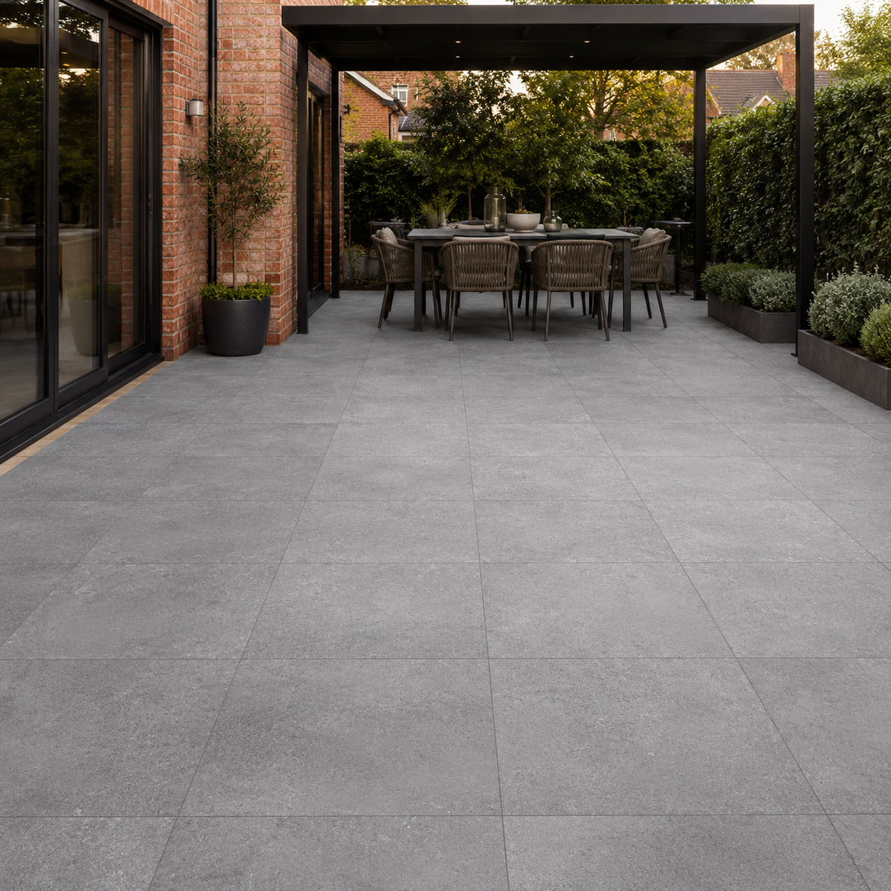 Materia Grafito 60x60 outdoor porcelain tiles installed on a UK garden dining patio
