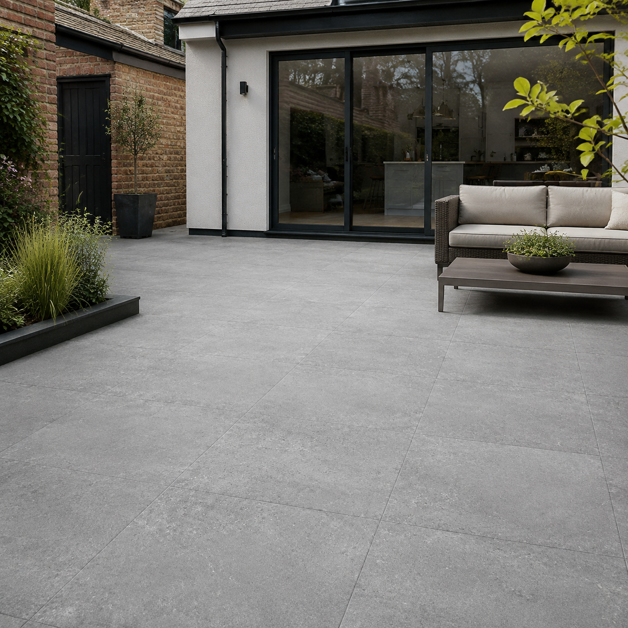 Materia Grafito 60x60 outdoor porcelain tiles installed on a modern UK patio