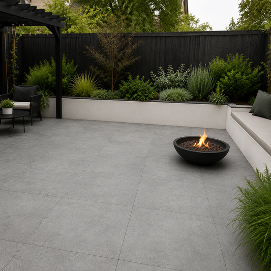 Materia Gris 76x76 outdoor porcelain tiles in a contemporary UK courtyard