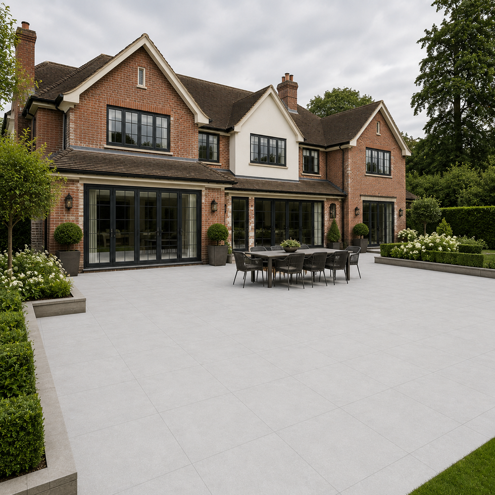 Materia Perla 76x76 outdoor porcelain tiles on a large Ascot-style house patio
