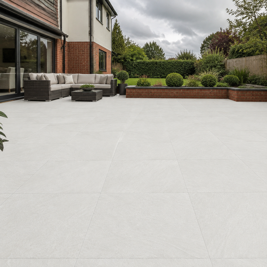 Meribel Crystal 60x60 outdoor porcelain tiles in a landscaped UK garden