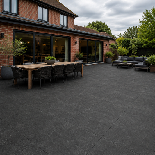Mosel Coal 60.5x60.5 outdoor porcelain tiles on a large patio
