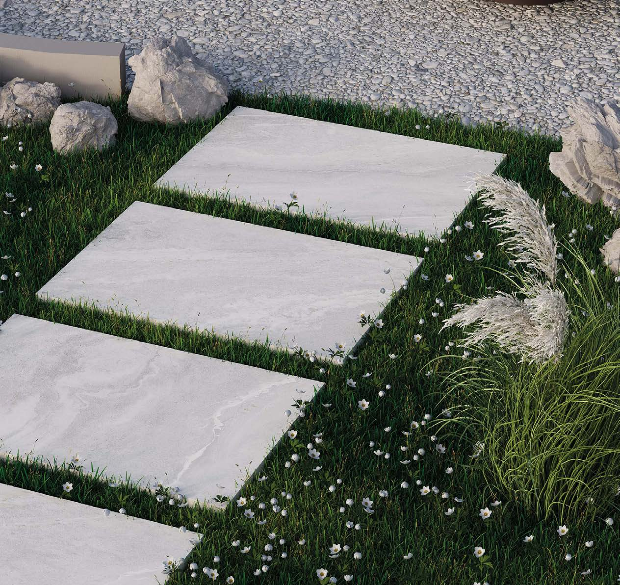 Nord Stone Ice 60x90 outdoor porcelain tiles in a garden setting
