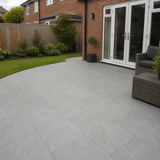 Nord Stone Ice 60x90 outdoor porcelain tiles laid in a UK rear garden patio