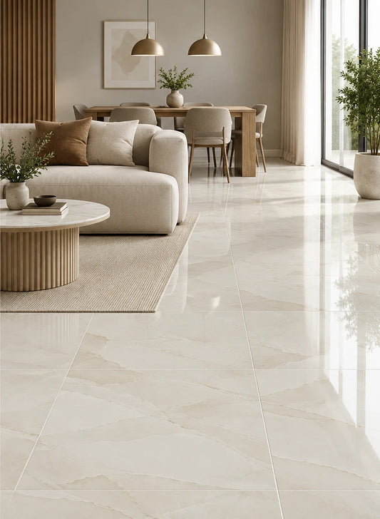 Onico Crema 60x60 cream onyx-effect porcelain tiles on a living room floor