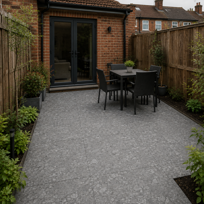 Urbex Marengo 60x60 outdoor porcelain tiles in a compact UK back garden