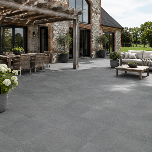 Vita Marengo 60.5x60.5 outdoor porcelain tiles on a large patio
