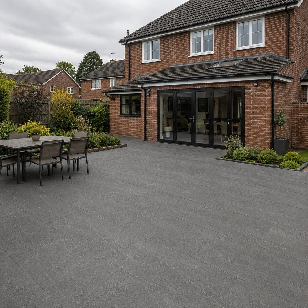 Volcanic Grey 60x120 outdoor porcelain tiles in a UK garden patio
