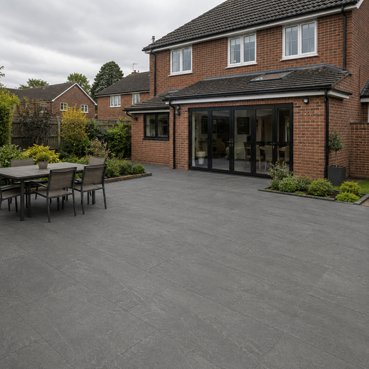 Volcanic Grey 60x120 outdoor porcelain tiles in a UK garden patio